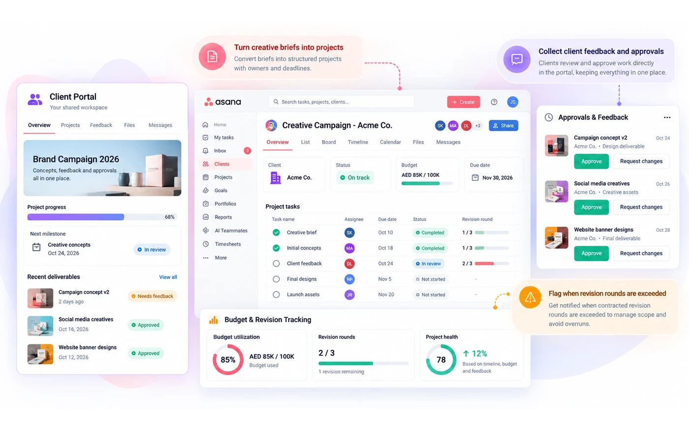Agency creative campaign in Asana with client portal, revision tracking and client approvals