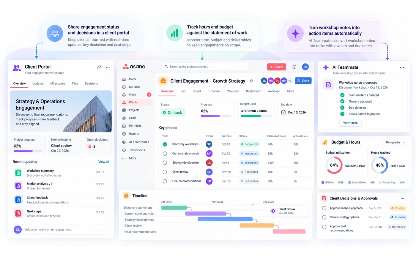 Consulting engagement in Asana with client portal, hours against budget and AI-generated action items