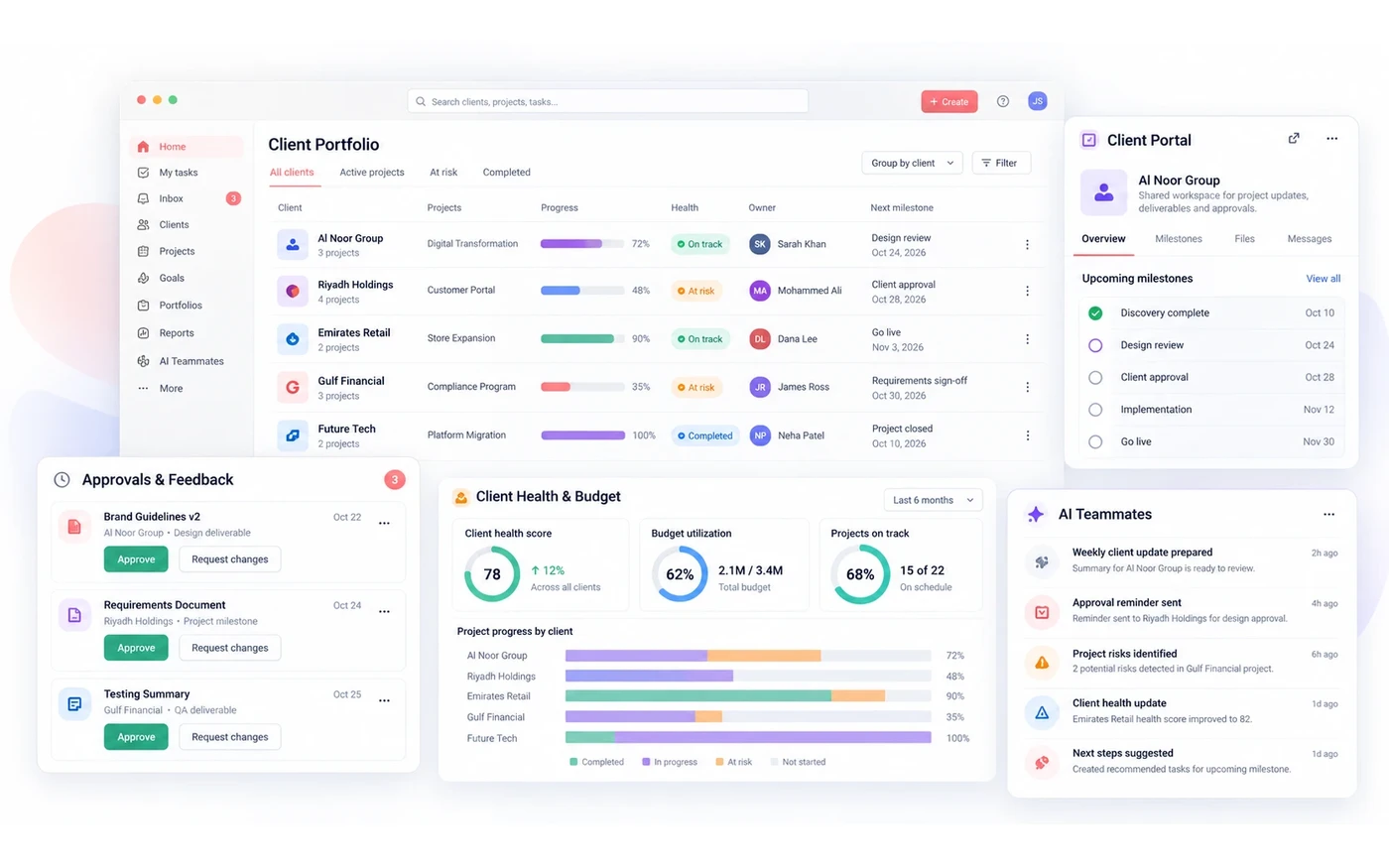 Client portfolio in Asana showing delivery progress, health, approvals and AI Teammate updates across clients