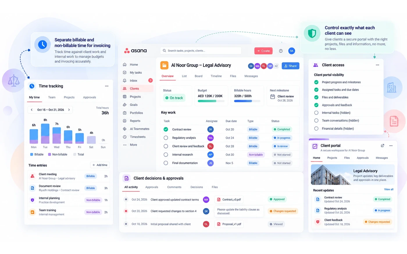 Professional services matter in Asana with billable time tracking, client approvals and controlled portal access