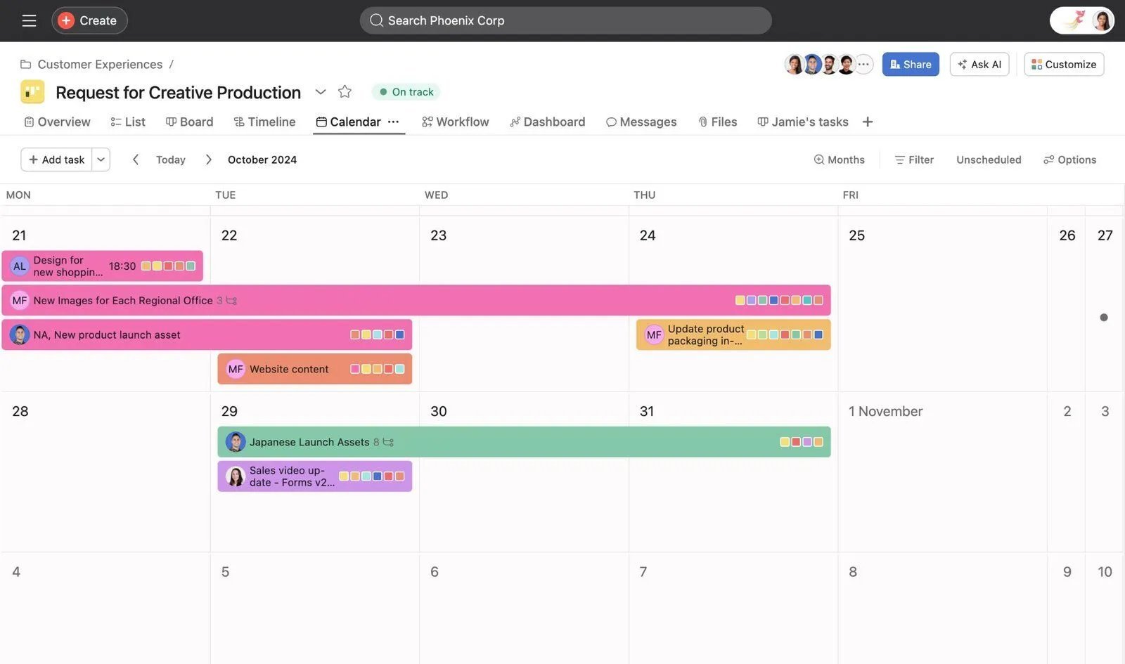 Asana calendar view showing project scheduling and task management for UAE teams