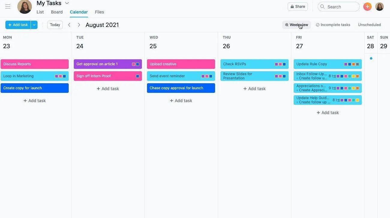 Asana My Tasks calendar view for individual productivity and task tracking in UAE