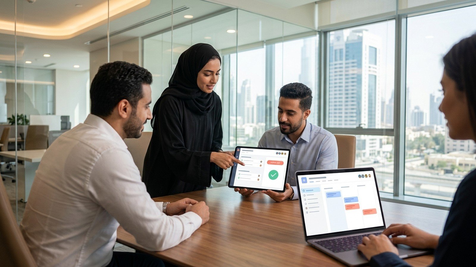 UAE marketing team reviewing an Asana content calendar together in a Dubai office