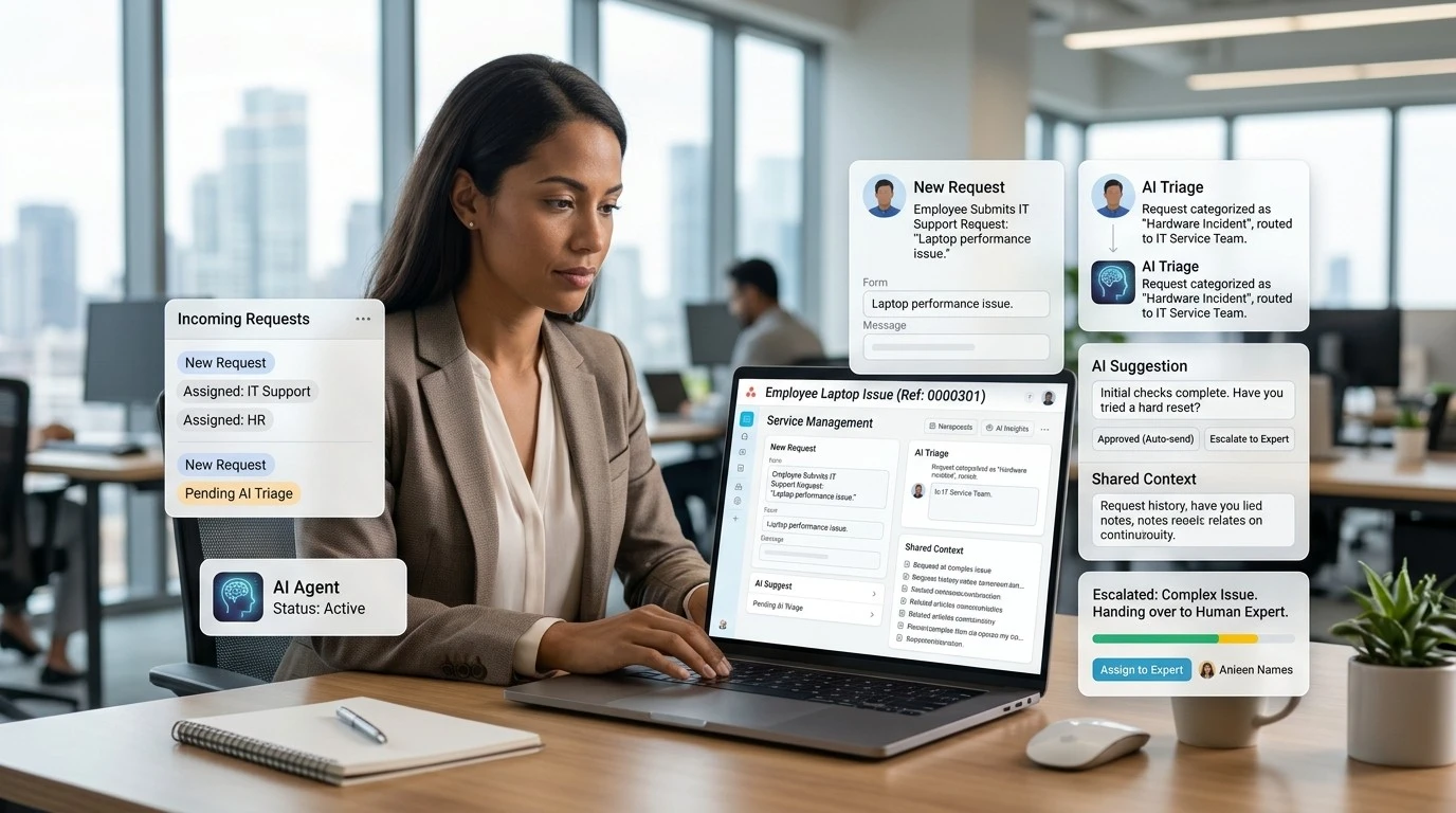 Service desk specialist reviewing an IT request on a laptop while an AI agent triages incoming requests and escalates a complex issue to a human expert