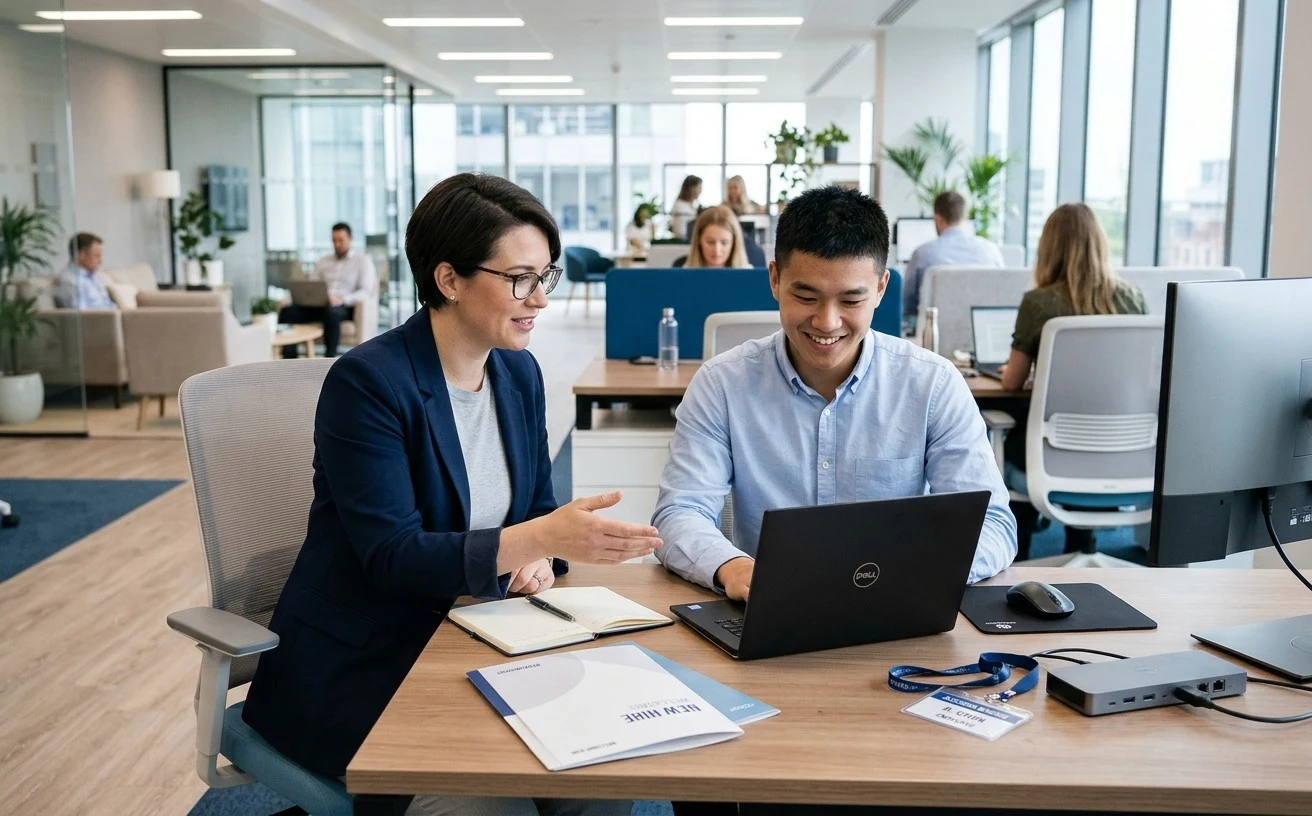 New employee being welcomed on their first day with a laptop, access badge and onboarding pack