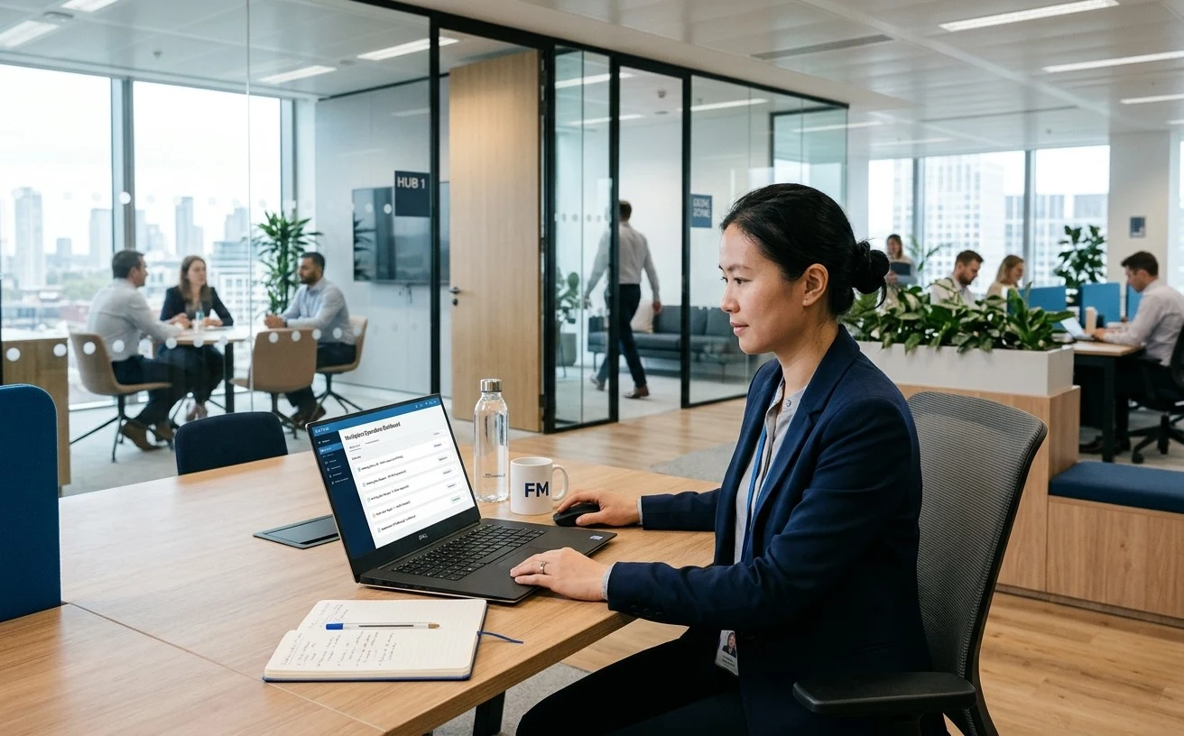 Workplace operations manager tracking facilities requests on a laptop in a modern office