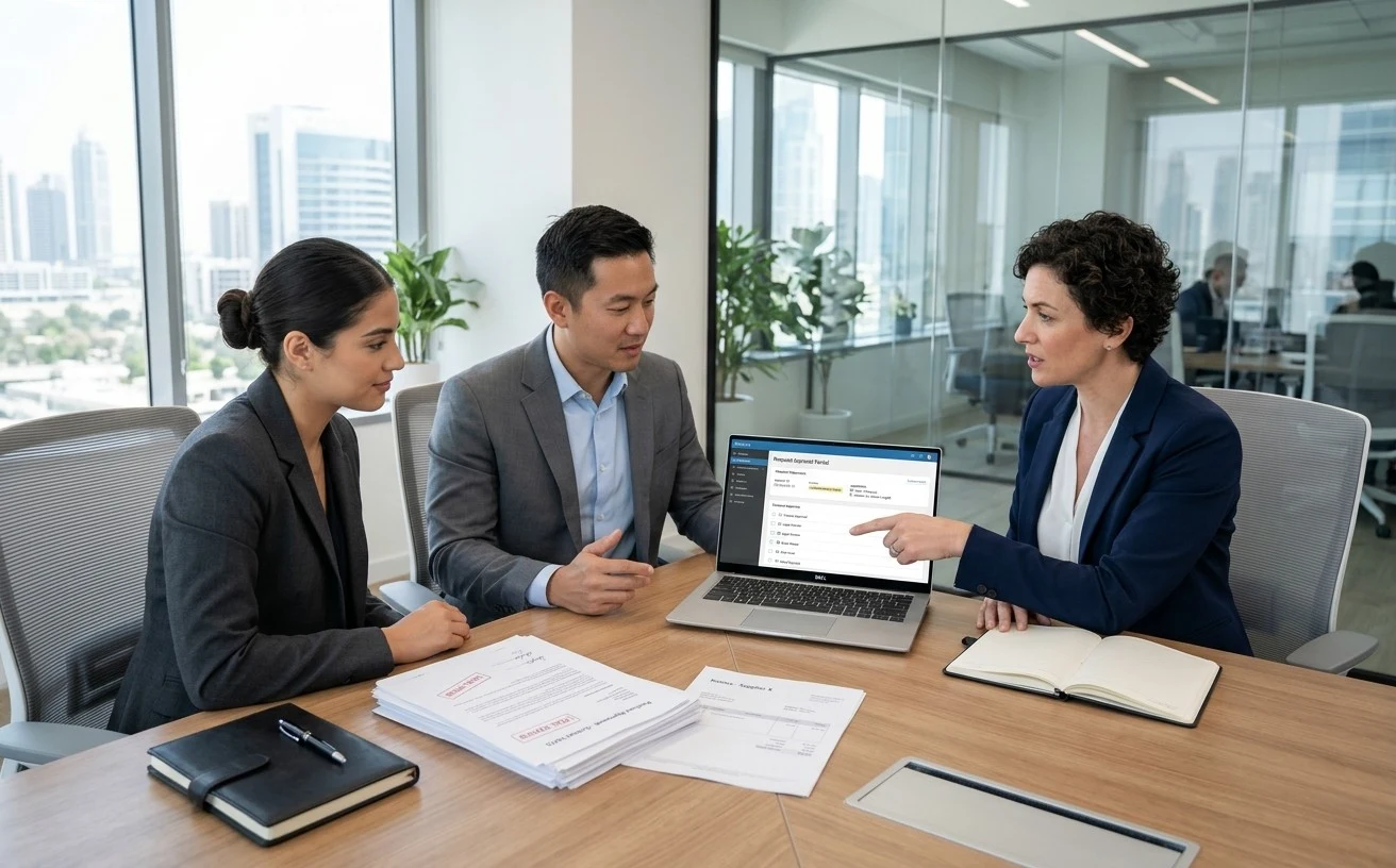 Finance and legal colleagues reviewing contracts and purchase orders alongside a request approval portal