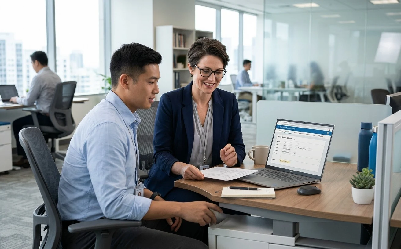 HR professional helping an employee with a leave request through an employee service portal