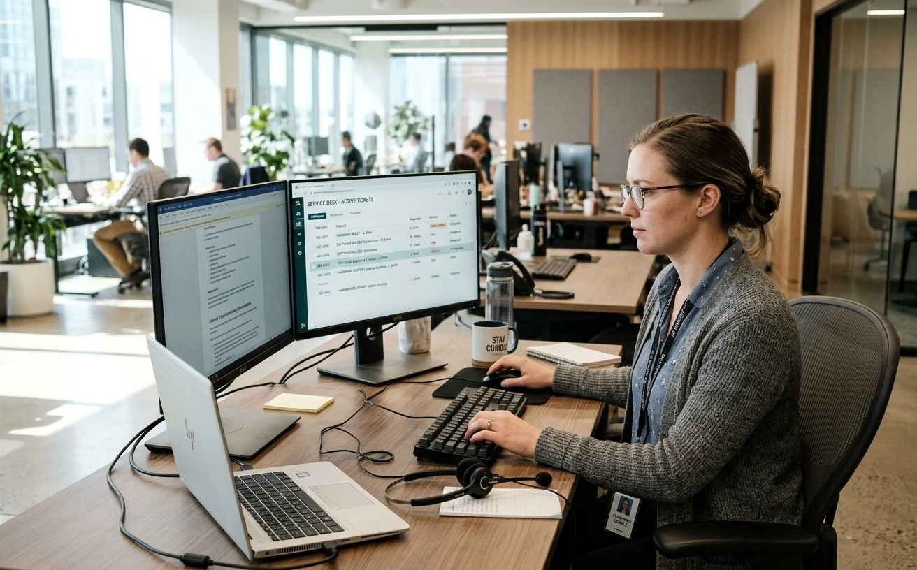 IT service desk agent with a headset managing active IT support tickets across two monitors