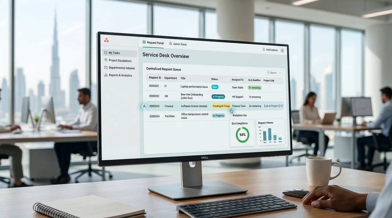 Centralized service request queue on a desktop monitor in a Dubai office, showing IT, HR, finance and facilities requests with status and SLA deadlines