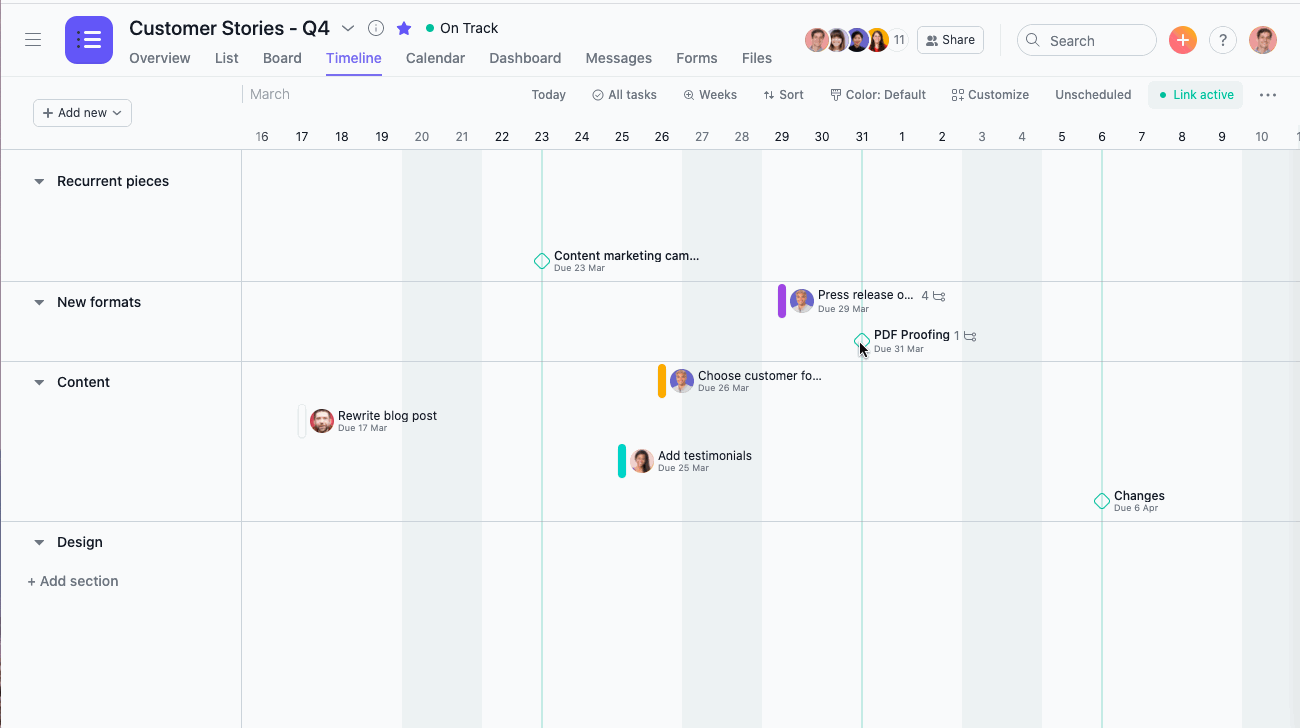Asana timeline view displaying task dependency tracking and project bottlenecks