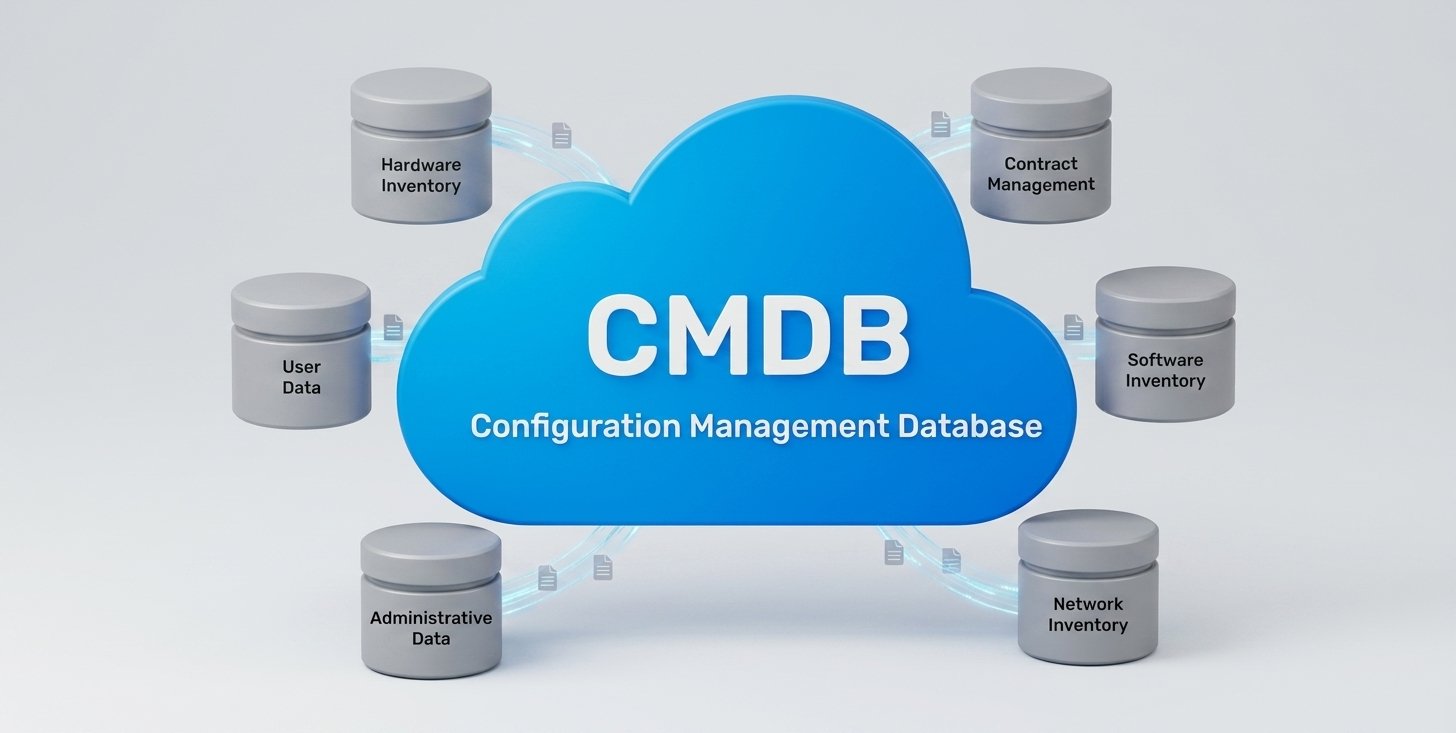 Device42 CMDB overview showing hardware inventory, software inventory, contract management, network inventory, user data, and administrative data connected in one configuration management database
