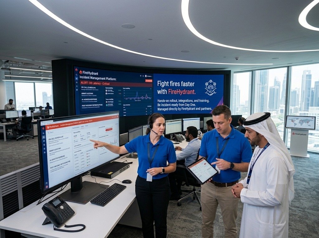 FireHydrant incident management platform illustration showing on-call scheduling, smart alerting and AI-assisted response, with Vistar as implementation partner across the UAE, KSA, Bahrain, Oman, Qatar and Kuwait