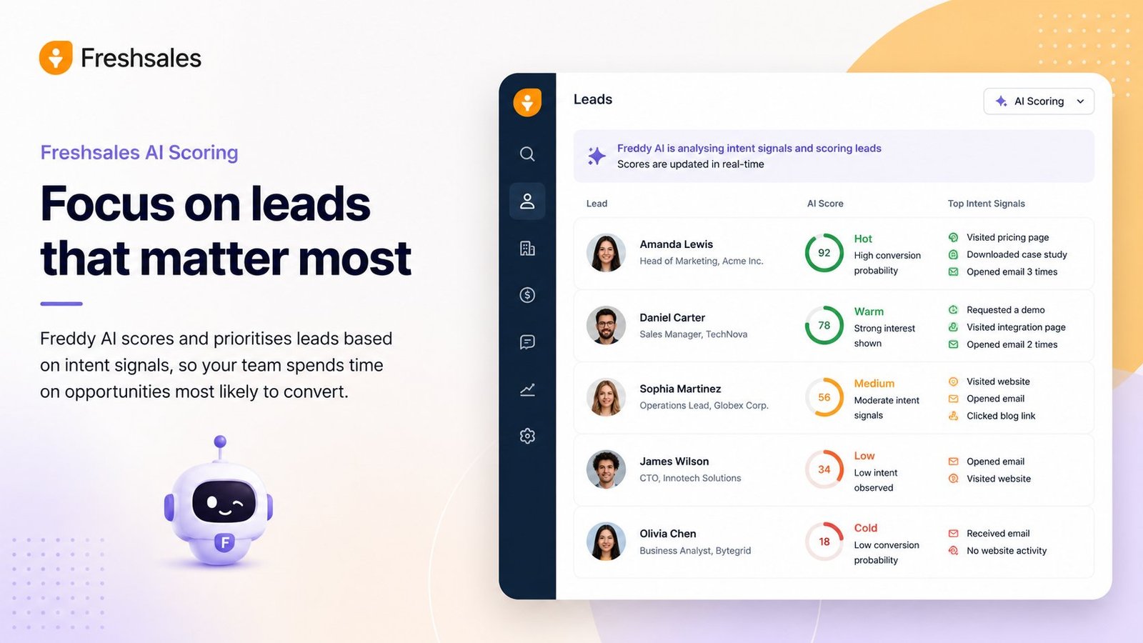 Freshsales Freddy AI lead scoring - prioritise leads by intent signals and conversion probability