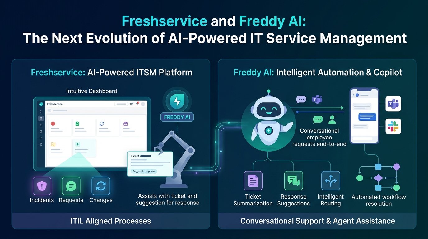 Freshservice unified model connecting ITSM, ITAM and ITOM with Freddy AI intelligence