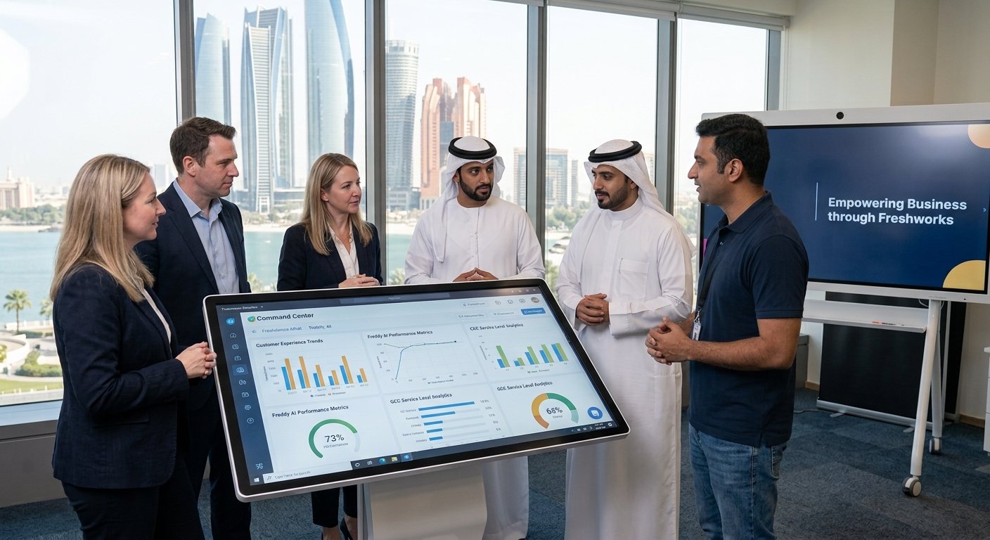 Vistar team reviewing Freddy AI performance metrics dashboard with a client in Abu Dhabi
