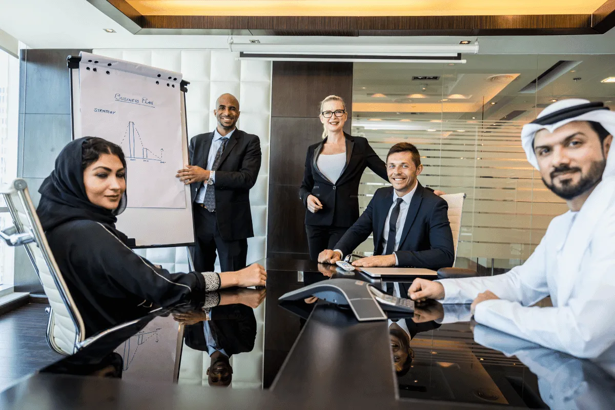 Business team meeting using Asana for project management in Middle East