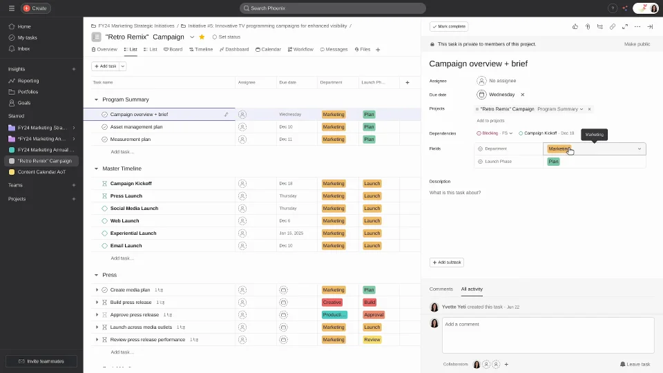 Task dependencies in Asana showing project workflow and task relationships