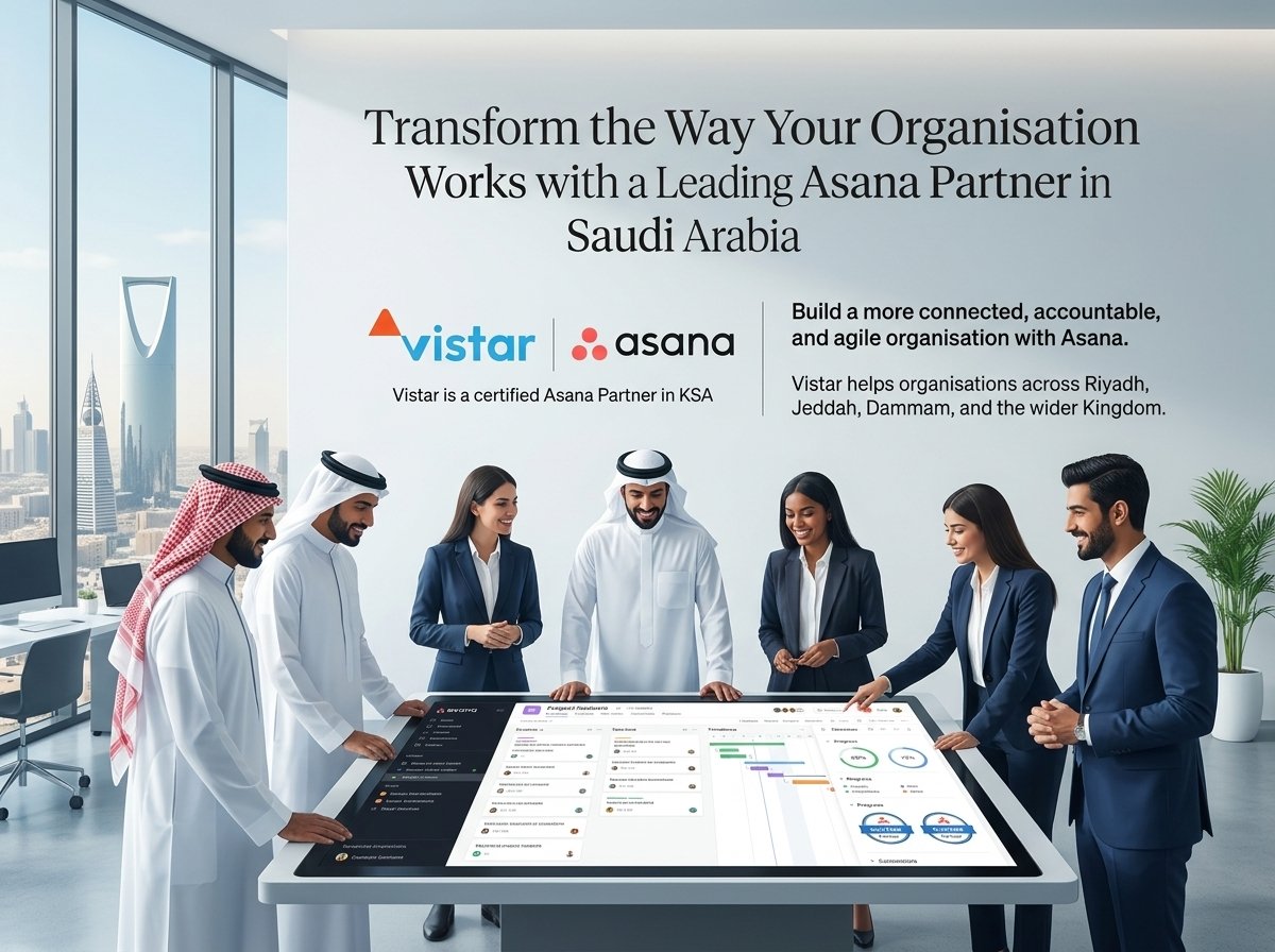 Vistar team presenting Asana project workflows to clients in Riyadh - certified Asana Partner in Saudi Arabia